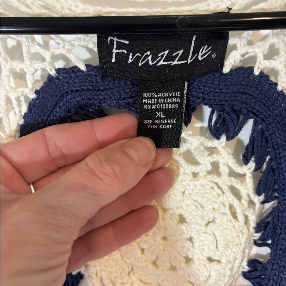 Frazzle Women’s XL Open Front Sleeveless Shirt Crocheted Fringe Patriotic Summer - Picture 3 of 6